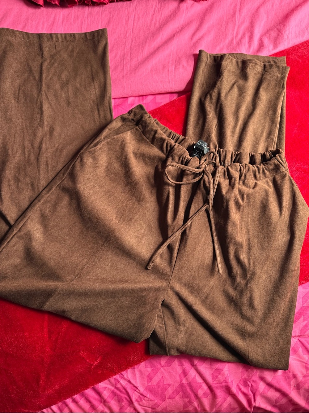 Brown Suede Drawstring Wide-Leg Pants